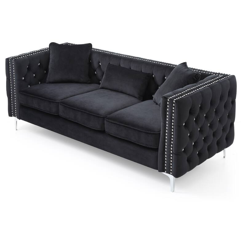 Tufted Faux Diamond Button Velvet 3-Seater Sofa with Throw Pillows - 86" - Black