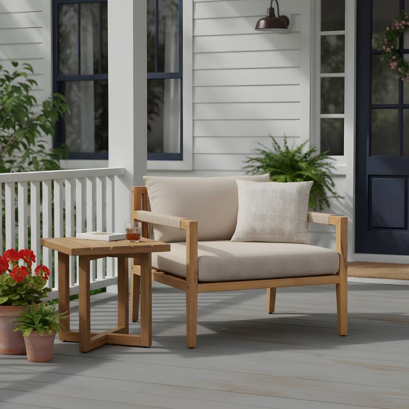 Christopher Knight Home - Modern Outdoor Acacia Wood Rope Club Chair and Square Side Table Set with Water-Resistant Cushions