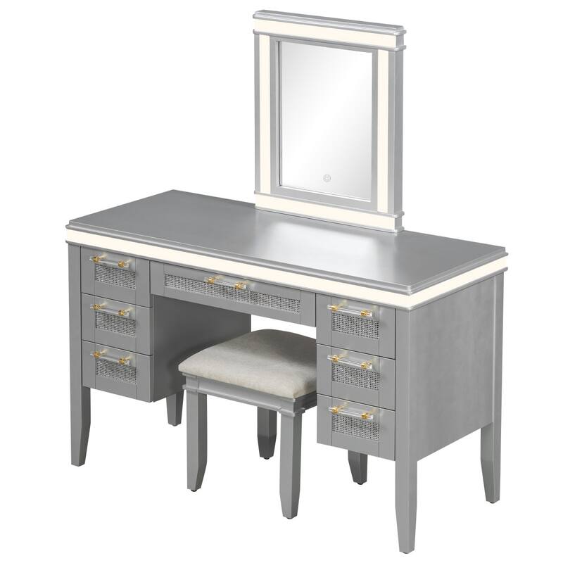 48" Dresser with Mirror, LED Light Strips, 7 Drawers and Stool