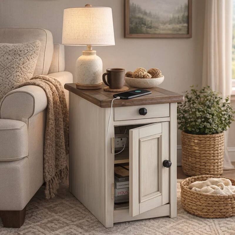 Chair Side End Table with 1 Cabinet and Pull Out Tray, White and Brown