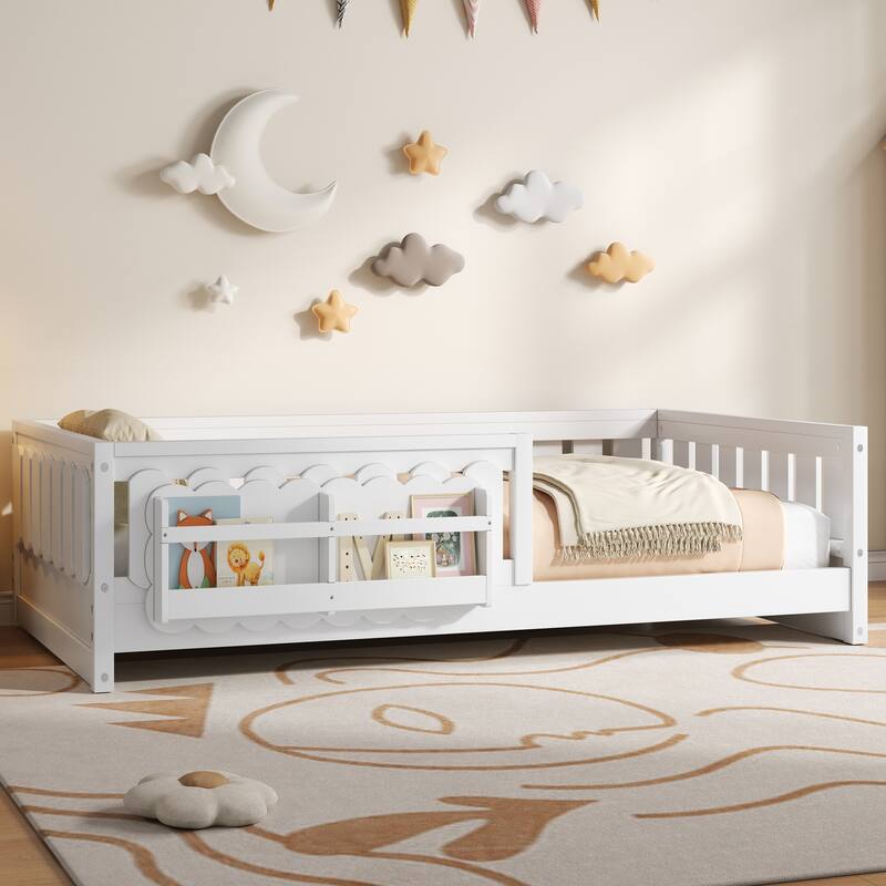 Roomfitters Twin Wood Platform Bed with Guardrail and 2 Bookshelves