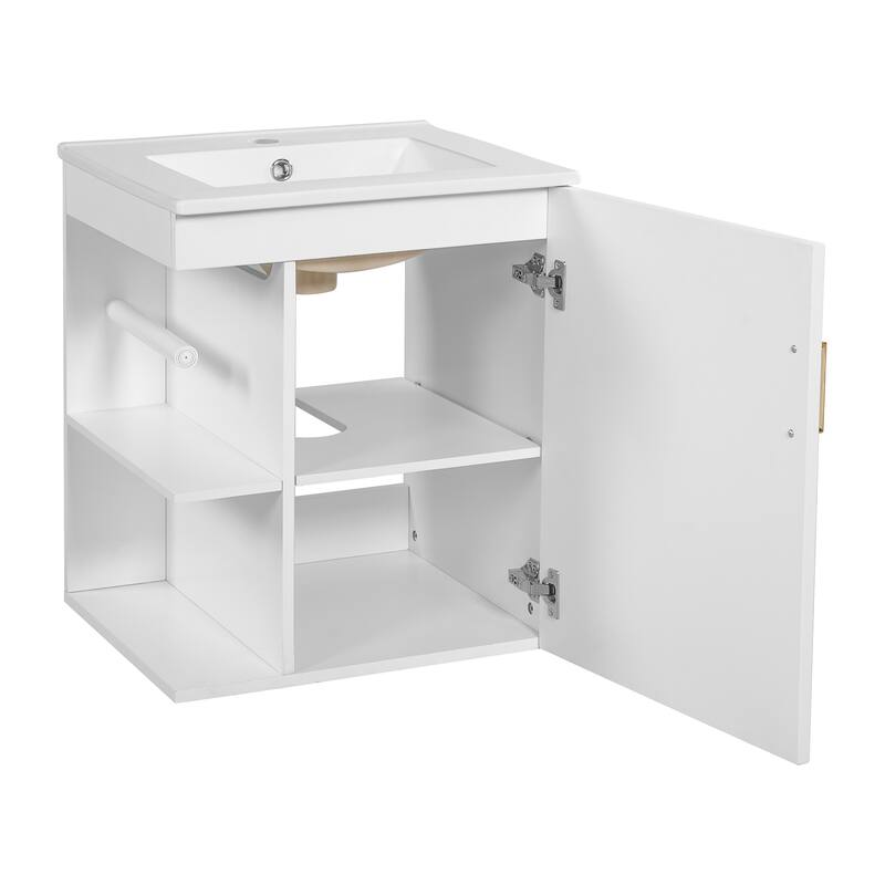 20" Small Floating Bathroom Vanity with Ceramic Sink Combo, Wall Mounted Bathroom Cabinet with Side Shelf