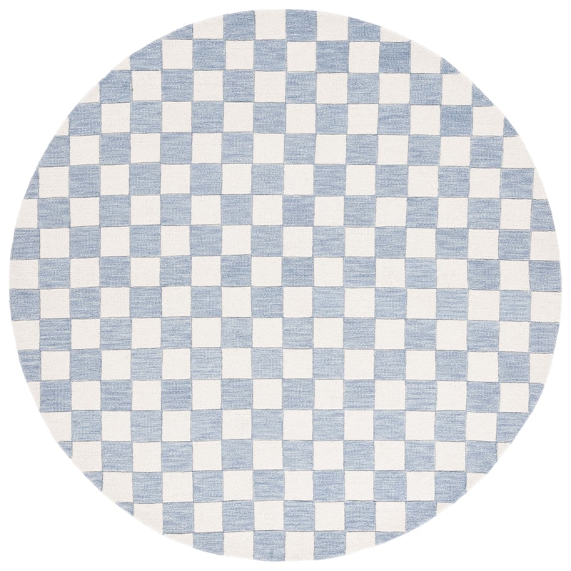 SAFAVIEH Handmade Martha Stewart Collection Berthild Checkered Wool Rug - 6' Round - Light Blue/Ivory - Round