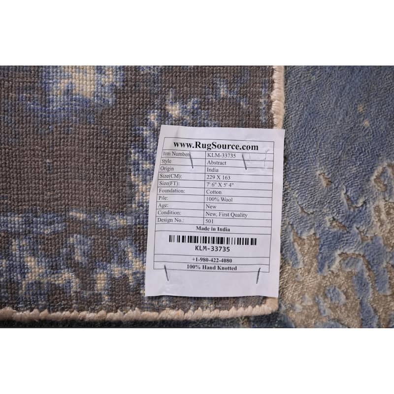 Abstract Modern Area Rug Handmade Blue Wool Carpet - 5'4" x 7'6"