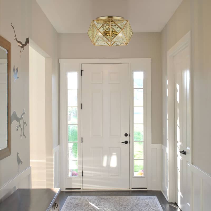Theo 12.5" 2-Light Industrial Vintage Iron/Glass LED Flush Mount, Brass Gold by JONATHAN Y - 2 Light