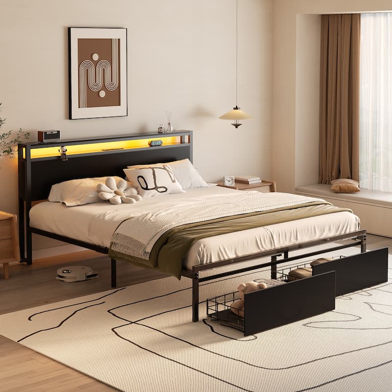 Platform Bed with Storage Headboard, Bed Frame with Charge Station and LED Light - Black - Queen