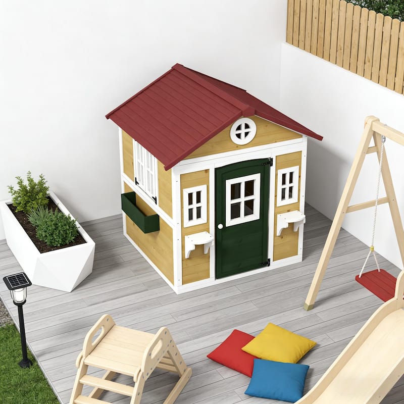 GDFStudio Outdoor Elwin Fir Wood Kids Playhouse with Convertible Design - Beige+Green+Red - Beige+Green+Red