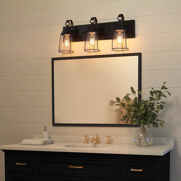 Farmhouse 3 Light Bronze Bathroom Vanity Lights Metal Cage Wall Sconces with Seeded Glass 22 L x 6 W x 10 H On Sale Bed Bath Beyond 34820656