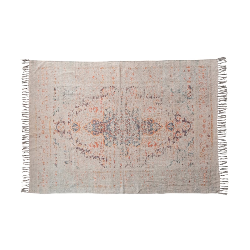 Cotton Chenille Distressed Print Rug with Fringe