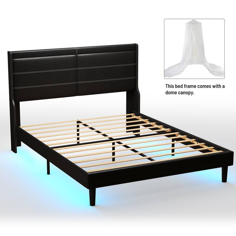 Black PU Leather Queen Platform Bed with UnderBed Lighting, WingBack