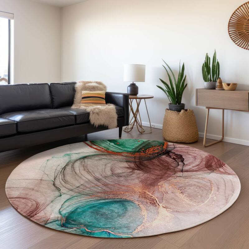 Premium Washable Super Soft Abstract Contemporary Mayfield Rug - Burgundy - 8' x 8' - Round