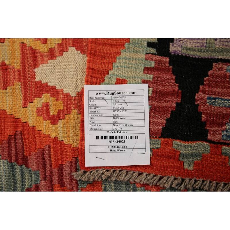 Orange Geometric Kilim Oriental Area Rug Handmade Wool Carpet - 8'7"x 11'3"