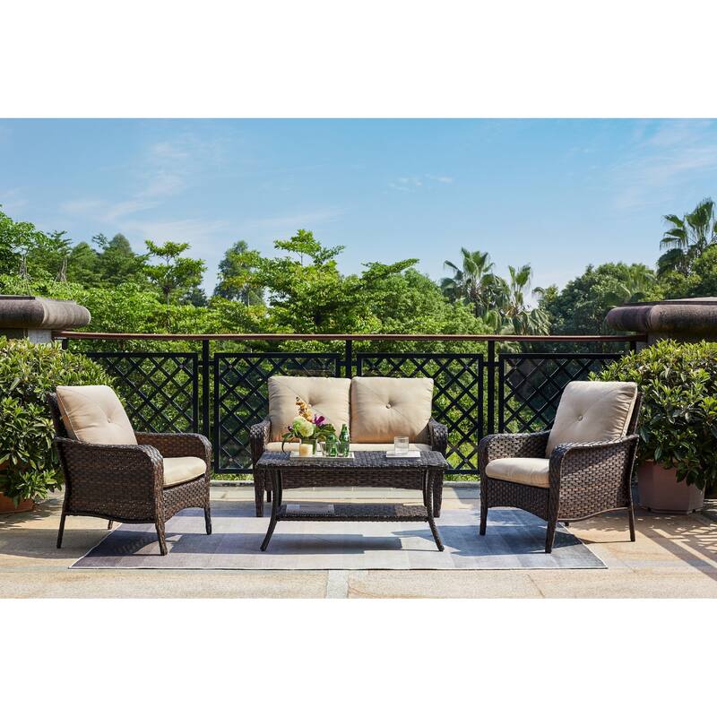 Pocassy 4-Piece Patio Wicker Sofa Set with Cushions - Brown/Beige