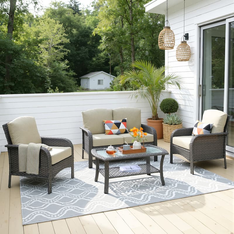 HOOOWOOO 4-piece Wicker Outdoor Conversation Set with Glass Coffee Table - Beige