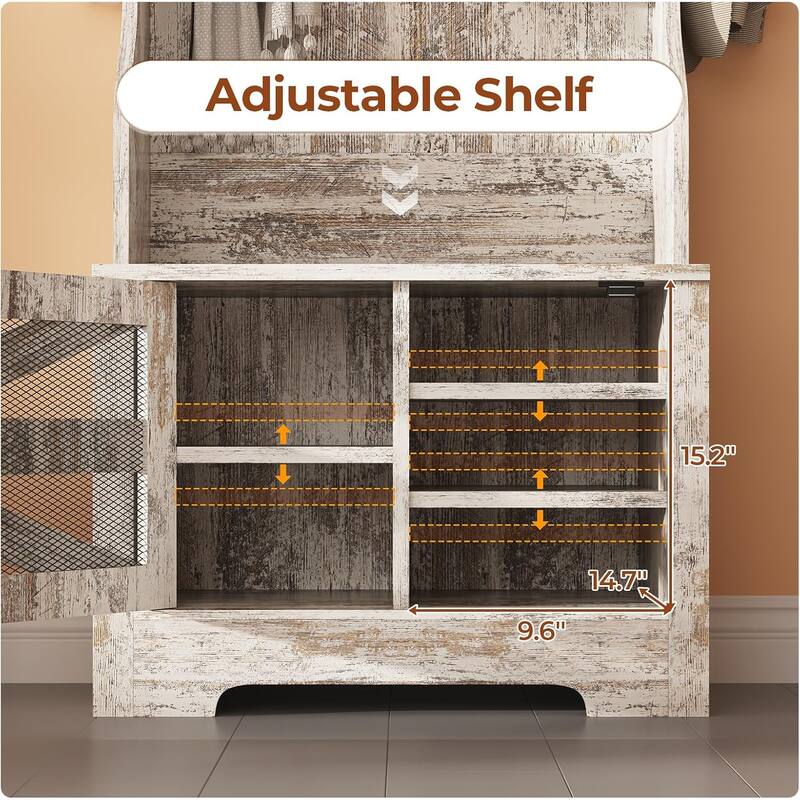 Hall Tree w/ Bench Shoe Storage Shoe Cubby Barn Door Adjustable Shelf