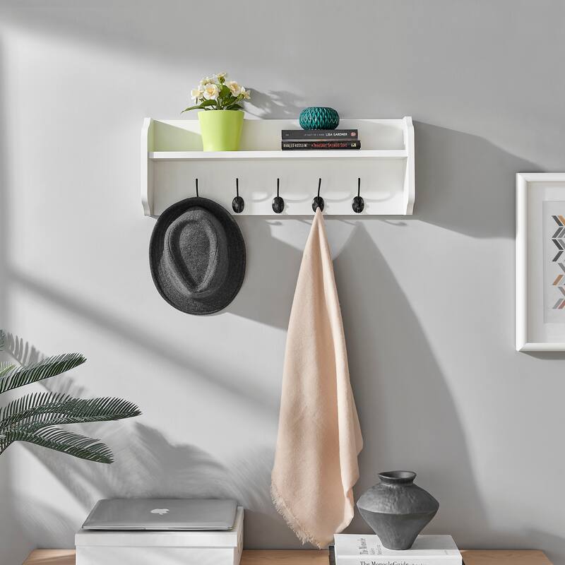 Danya B. Entryway Floating Utility Wall Shelf with Hooks - White