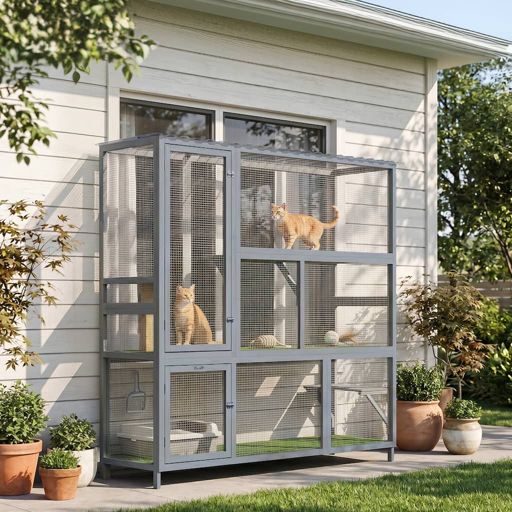 PawHut Catio Outdoor Cat Enclosure, with Weatherproof Roof, Platforms and Scratching Post, Large Catio , Light Gray