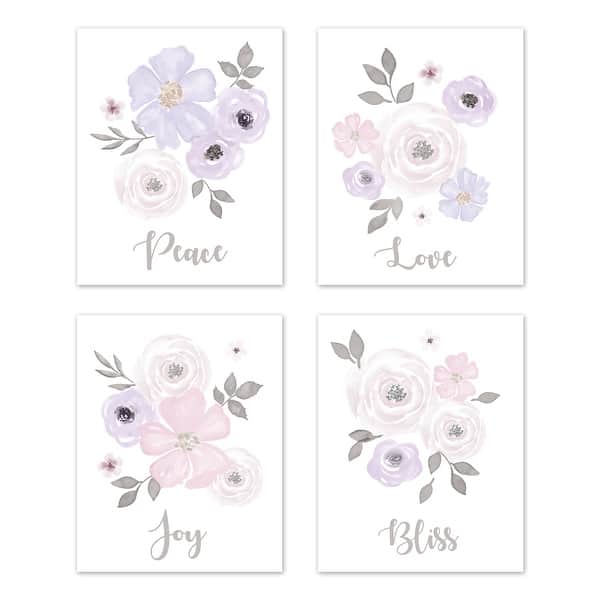 slide 2 of 6, Sweet Jojo Designs Lavender Purple Pink Grey Watercolor Floral Collection Wall Decor Art Prints (Set of 4) Peace Love Joy Bliss