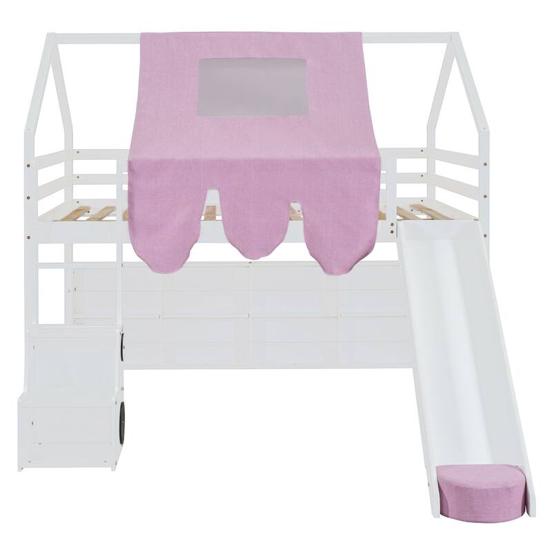 House-Shaped Wooden Loft Bed with Tent, Slide & Storage - Twin/Full Size in White & Pink