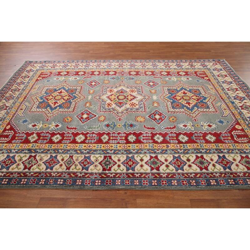 Hand Knotted Oriental 100% Wool Carpet Traditional Geometric Greys & Charcoal Kazak Area Rug - 9' 10'' X 6' 9''