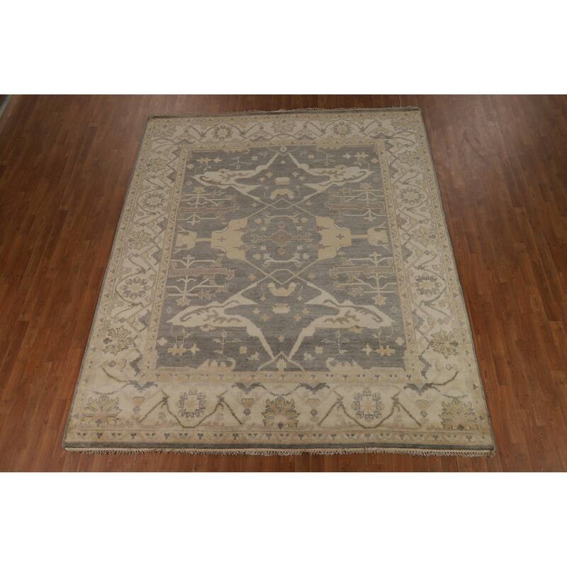 Transitional Grey Oushak Indian Area Rug Hand-Knotted Wool Carpet - 8'3" x 9'10"