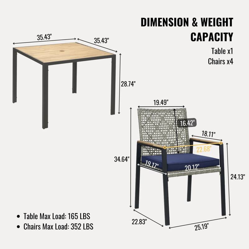 5-Piece Outdoor Steel Dining Table Set with Umbrella Hole, 4 Chairs