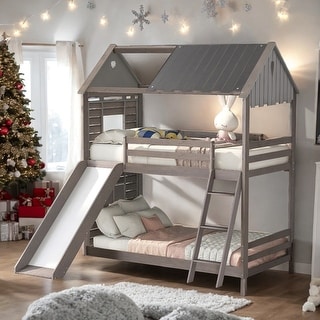 Twin Over Twin Bunk Bed Wood Bed with Slide and Ladder