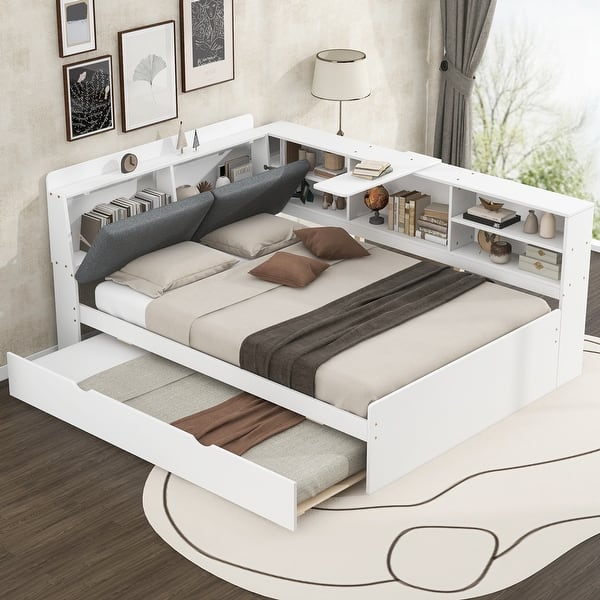 slide 2 of 16, Full Size Wood Platform Bed with Trundle, Shelves and Storage Headboard, White White