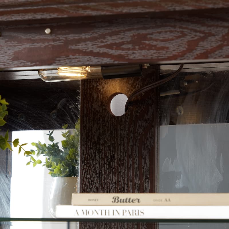 Antique Curio Display Cabinet with Glass Doors, 4 Door Vintage Showcase with Adjustable Shelves and Light