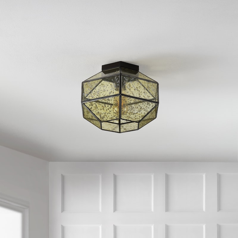 Bee 12.5" 1-Light Vintage Farmhouse Iron/Glass LED Flush Mount, Oil Rubbed Bronze by JONATHAN Y - 1 Light
