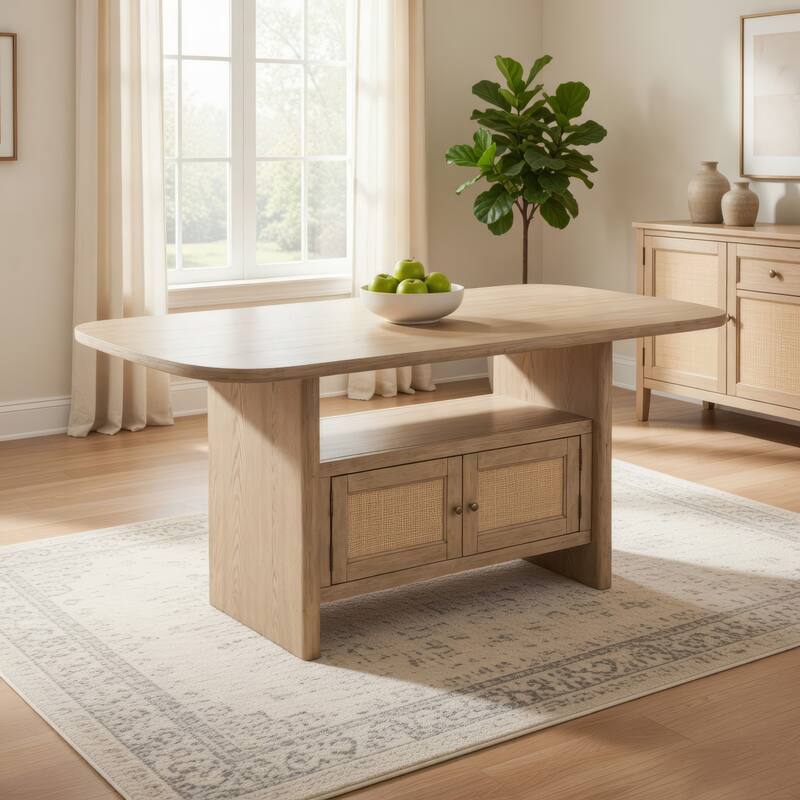 Lno Counter Height Dining Table w Storage Cabinet, 72 Inch Beige Wood