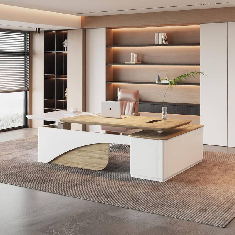 WESOME White Adjustable L Shaped Desk with LED Power Outlets, Electric Sit and Stand Desk