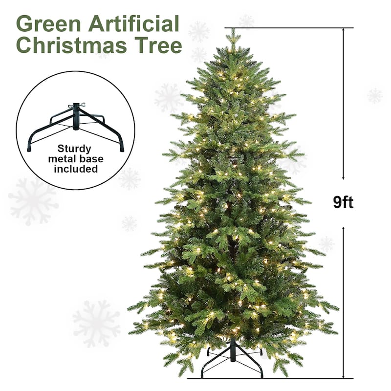 Pre-Lit Green Artificial Christmas Tree - UL Warm White Lights, PVC+PE Needles, Hinged Branches, Metal Stand