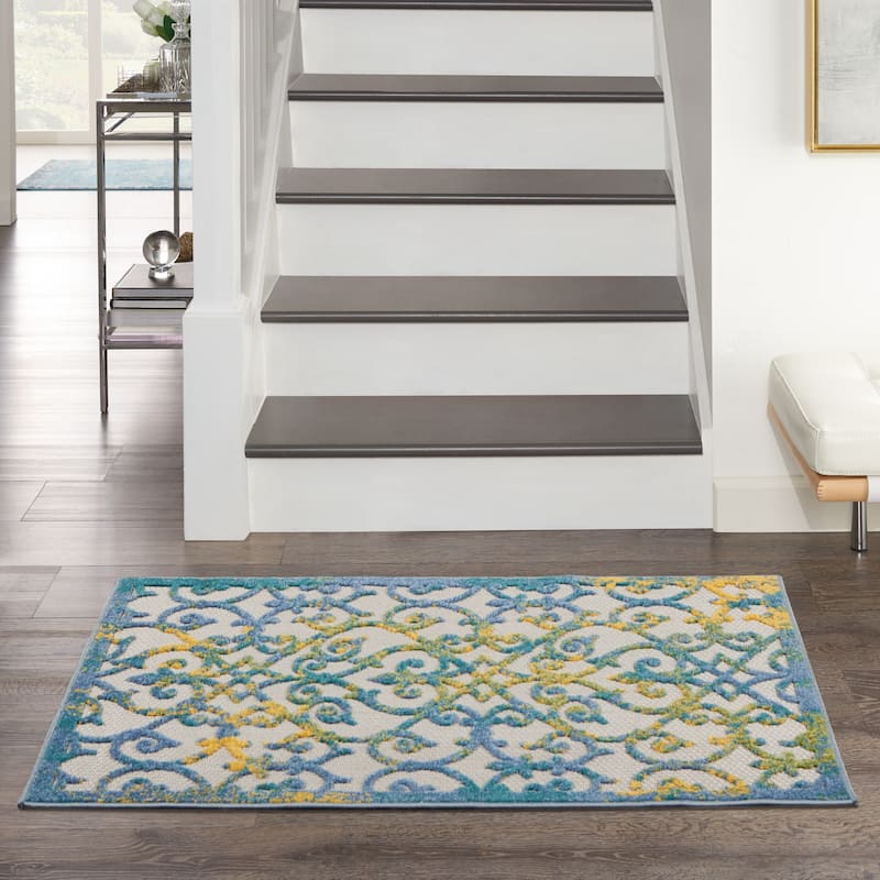 Nourison Aloha Transitional Scroll Indoor/Outdoor Damask Rug - 2' x 3' - Ivory/Blue