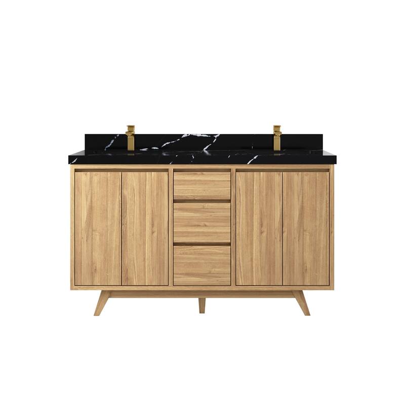 Willow Collections 60 in. W x 22 in. D Madison Teak Double Sink Bathroom Vanity with Countertop - 2" Calacatta Black - Light Natural Teak