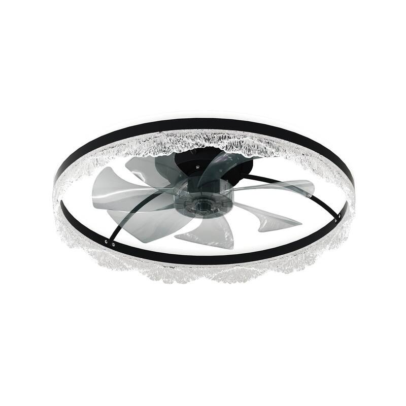 Smart Silent LED Ceiling Fan with Light Crystal Flush Mount, Hidden Blades