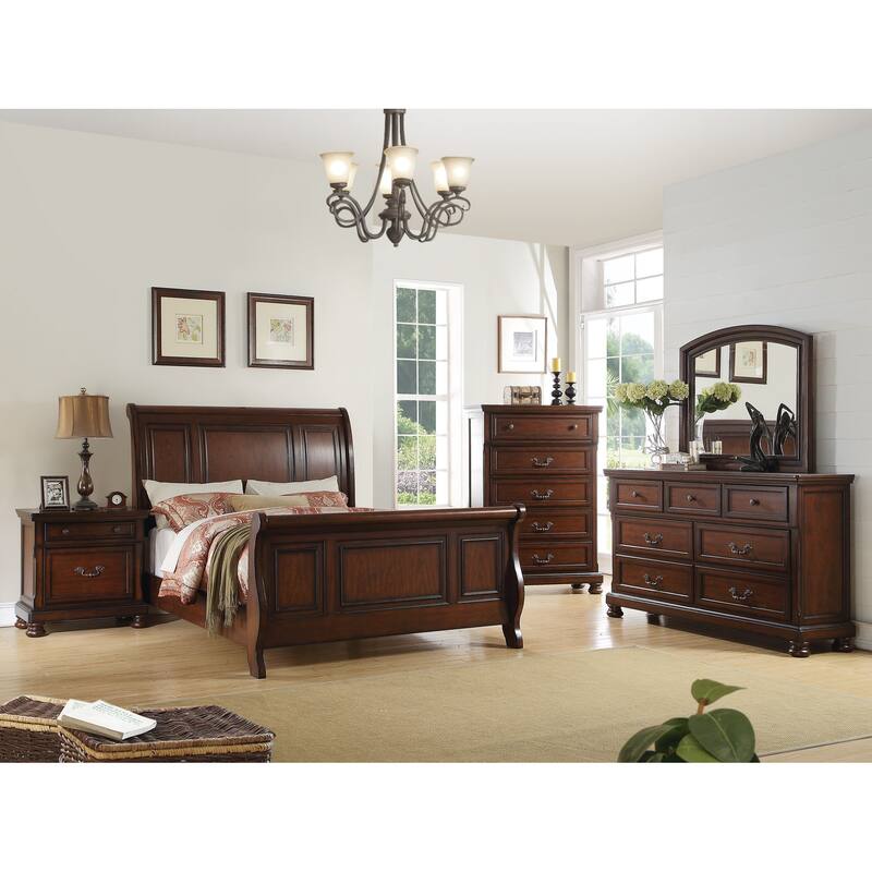 Traditional Style Bed Set 3-panel Headboard Bun Feet Dark Cherry Finish