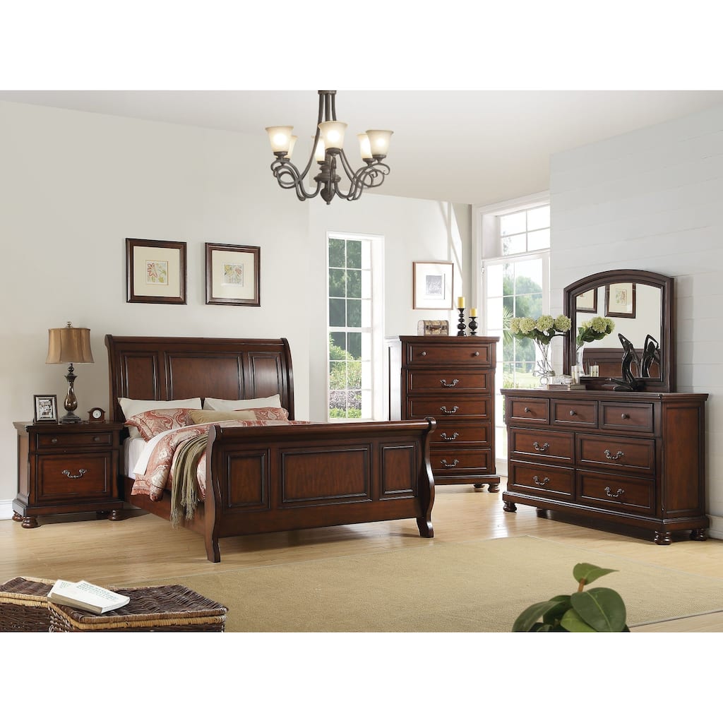 Traditional Style Bed Set 3-panel Headboard Bun Feet Dark Cherry Finish