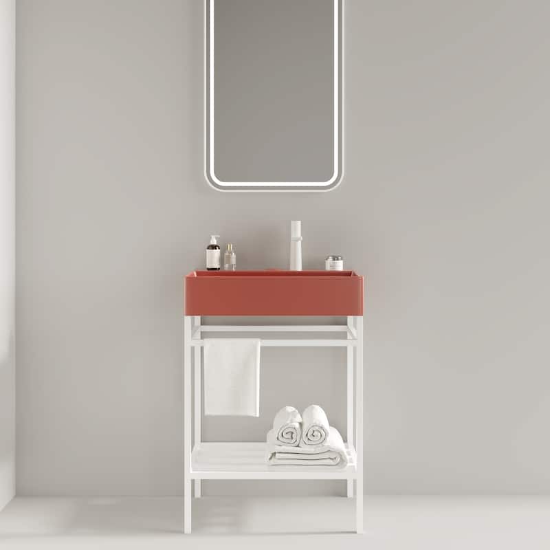 24" Bathroom Vanity with Ceramic Sink, Glossy Red Rectangular Basin, Freestanding Design with Open Metal Le - 23.62in L Ceramic - 23.62in L White+Red