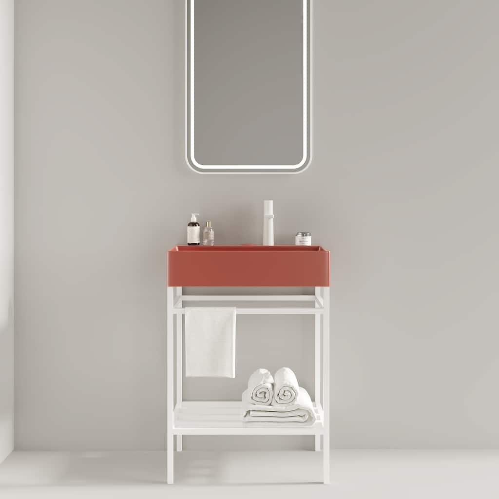 24" Bathroom Vanity with Ceramic Sink, Glossy Red Rectangular Basin, Freestanding Design with Open Metal Le
