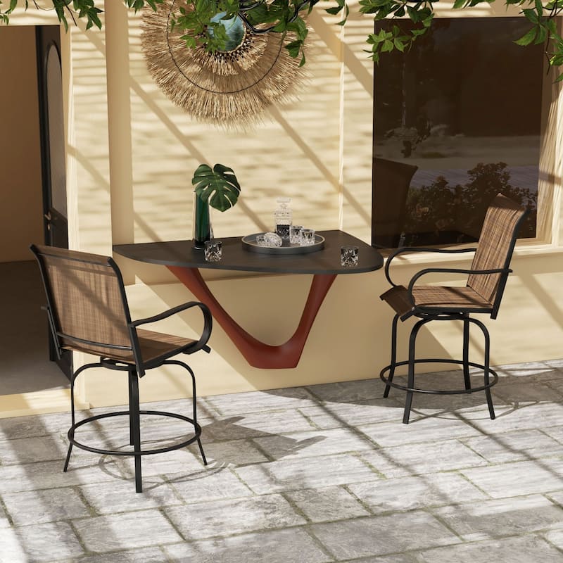 Outsunny Outdoor Bar Stools Set of 2 with Armrests, 360° Swivel Bar Height Patio Chairs with High-density Mesh Fabric, Steel - Tan