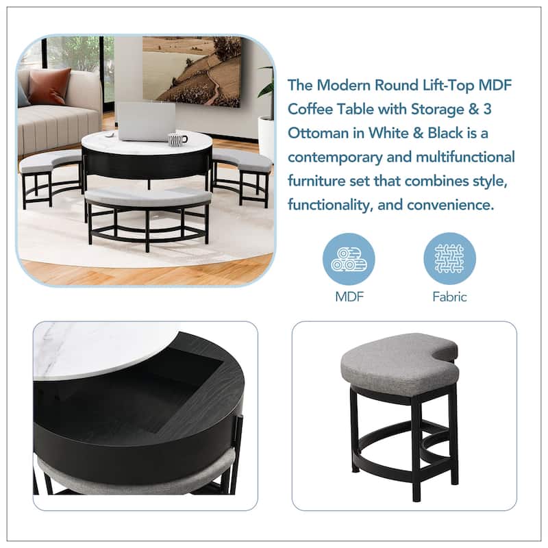 Modern Round Lift-Top Coffee Table with Storage