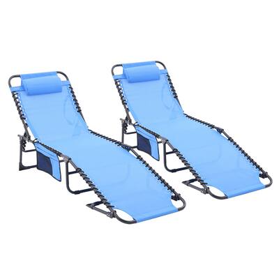 2pc Blue Beach Chairs Folding Camping Chairs w/ Pillow & Side Pocket