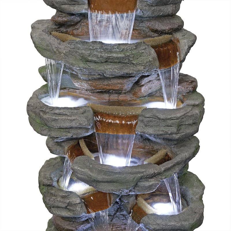 Multi-Level Stone Tower Fountain w/Cool White Lights