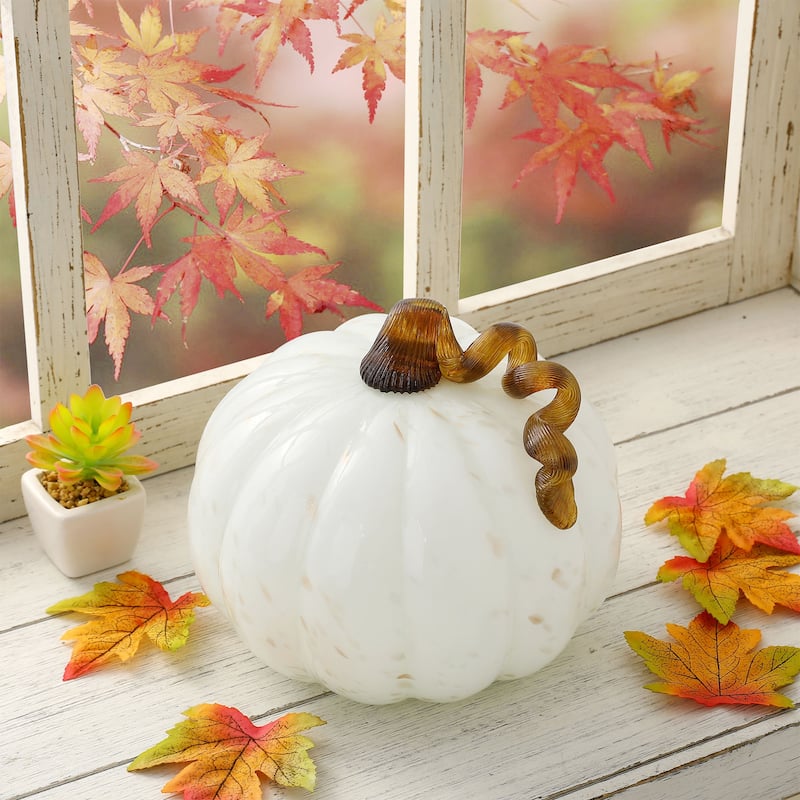 Glitzhome 8.5"D Golden & White Handblown Fall Harvest Glass Pumpkin Thanksgiving Decorations - 9"D