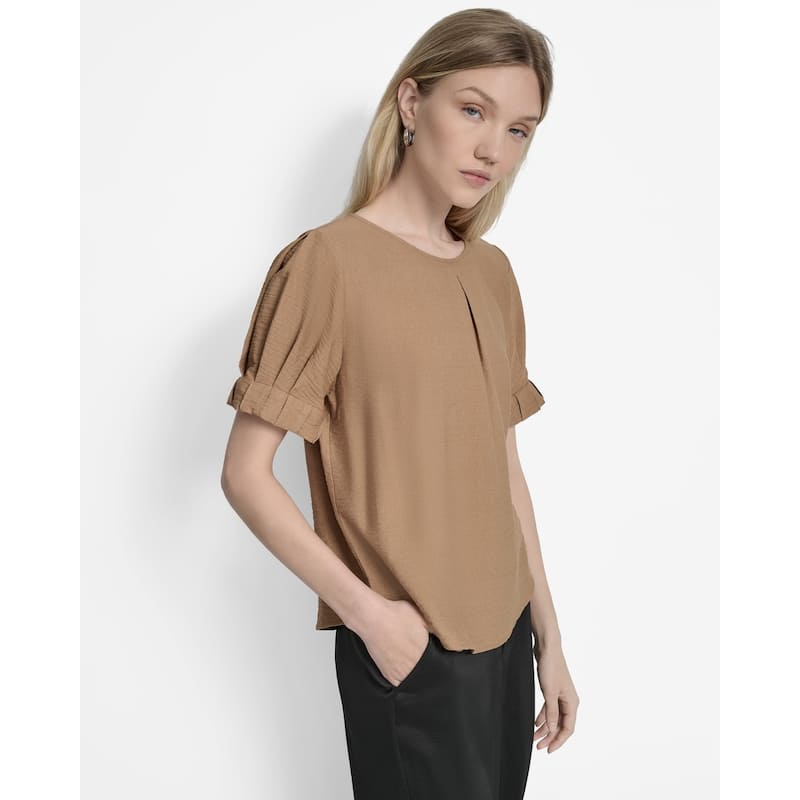 DKNY Roll-Sleeve Crinkle Crewneck Top - M - Truffle
