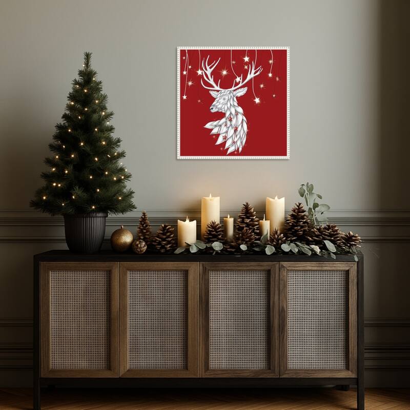 White Deer and Hanging Stars by Fab Funky (22 x 22 in.), Framed Canvas Wall Art Print - Sylvie Beaded White