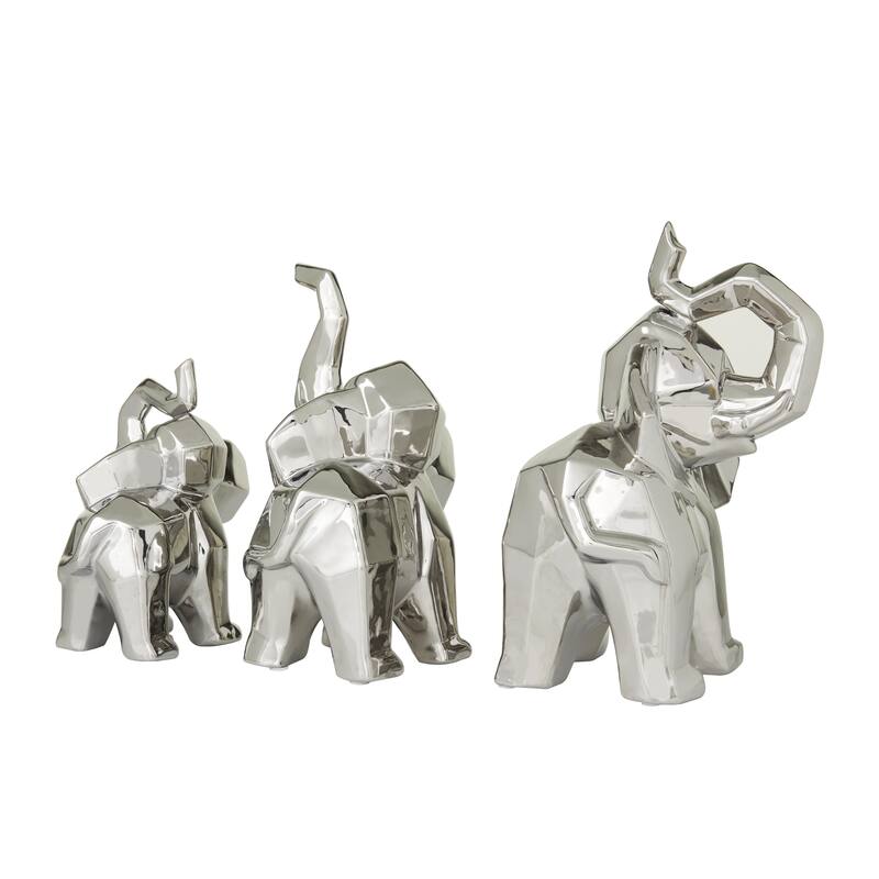 Gold or Silver Porcelain Ceramic Cubist Elephant Decorative Sculpture (Set of 3)