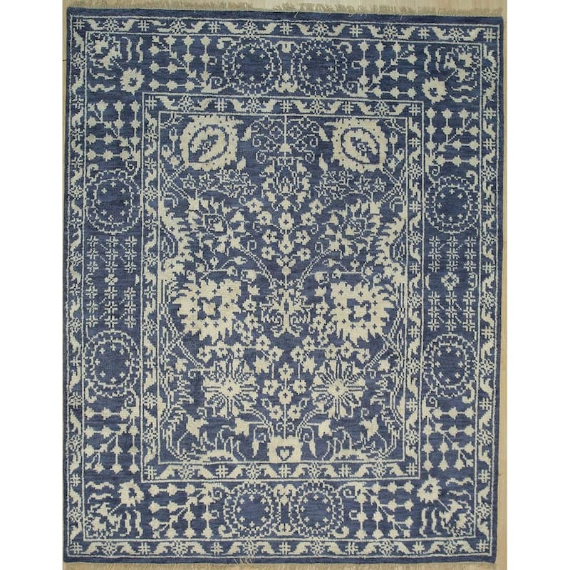 Handknotted Wool/Bamboo Silk BLUE Traditional Geometric Agra Rug - 8' x 10'