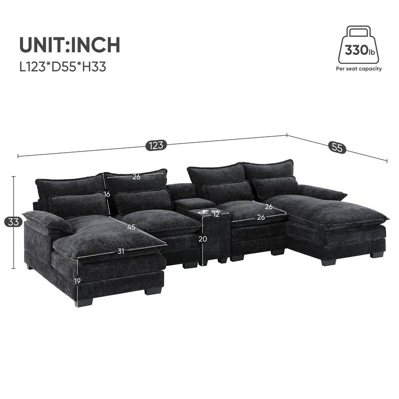 U-Shaped Sectional Sofa With Console,Cup Holders And Usb Charger,6 Seat Upholstered Symmetrical,Chenille Cloud Couch With Chaise